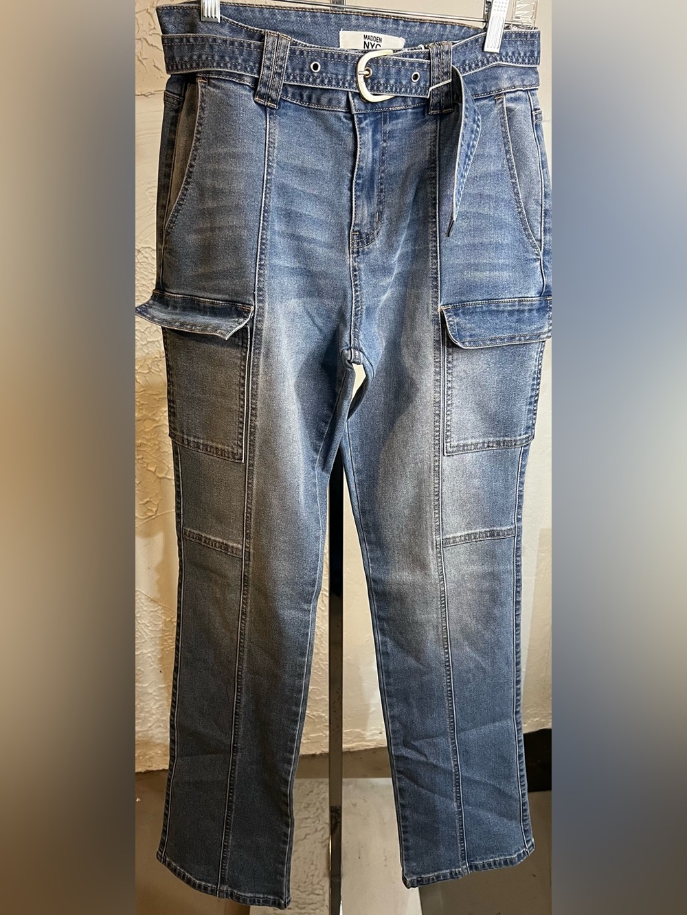 Madden NYC Light Wash Straight Leg Cargo Denim Jeans with belt